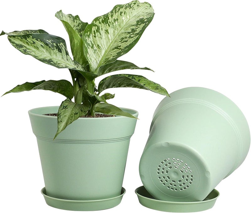 WOUSIWER 16 Pack 6 inch Plastic Planters, Plastic Indoor Planter Flower Pots, Heavy Duty and Stylish 6 Inch Plant Pots for Indoor Plants with Drainage Holes and Tray for Plants Flowers, Green - Image 3